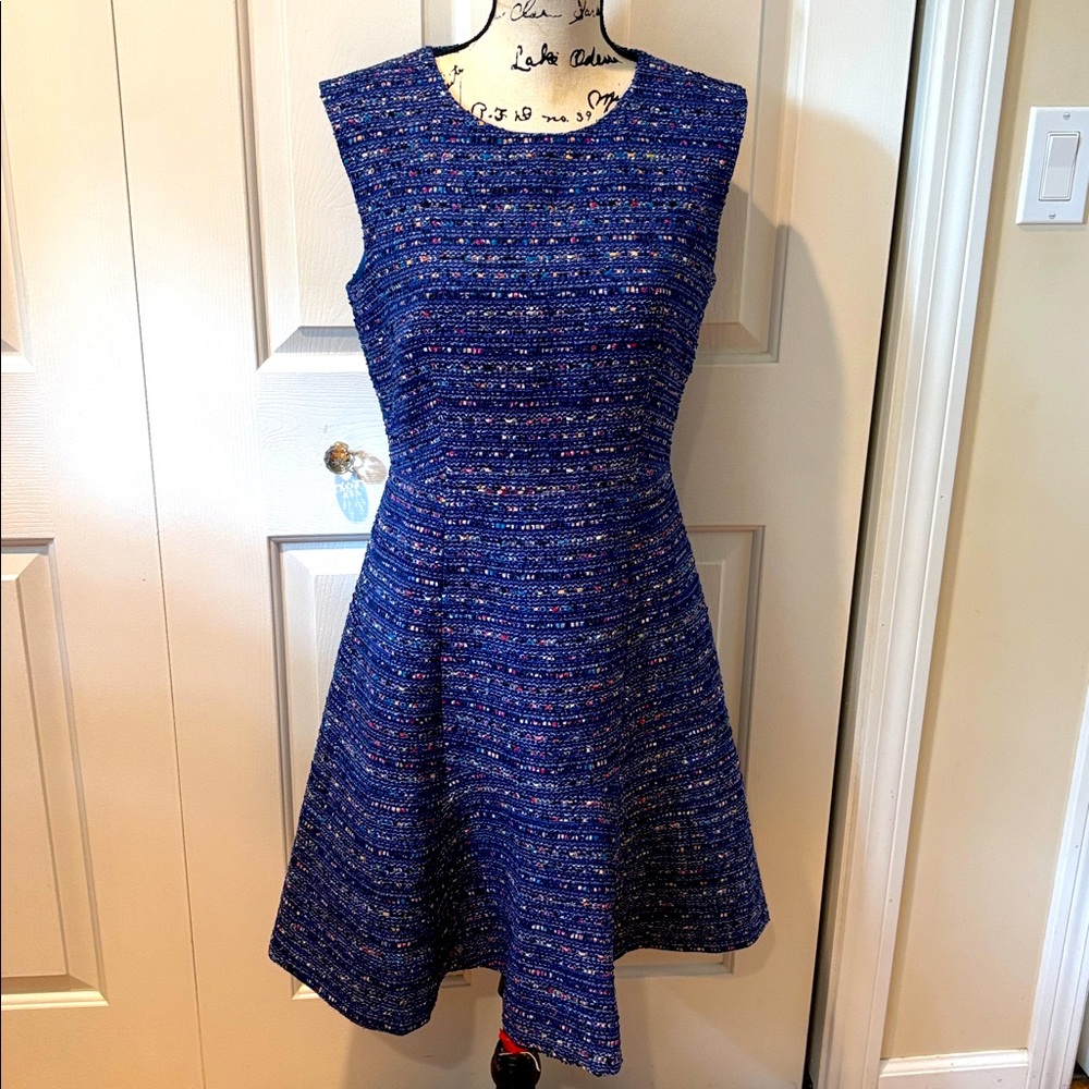 NWT J. Crew Blue Coco Tweed Boucle Fluted Flare Hem Dress Size 8 - Picture 4 of 11